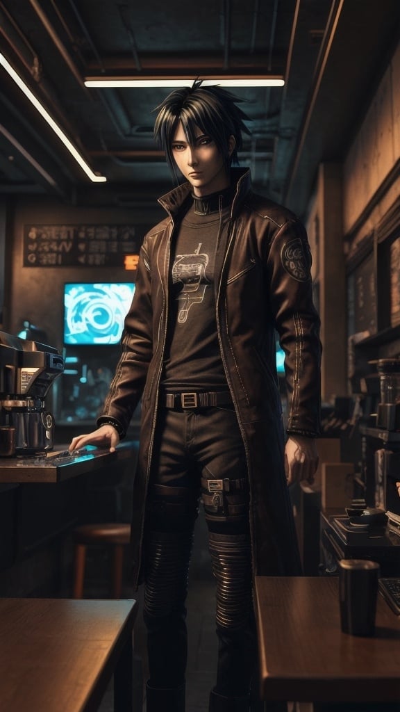 Prompt: Anime cyberpunk style, man in coffee shop, highly detailed, HD, dark background