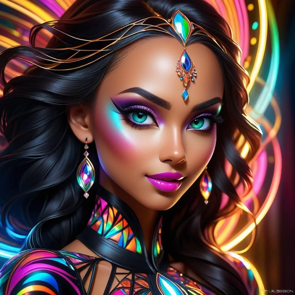 Prompt: (((🏝,💋,🔮,🍑,🌋 ))) a colorful glowing post-modern ornamental plasma prowler, sleek lines and intricate patterns intertwine to create a sense of futuristic gothic elegance. The main subject of the image is a stunningly gorgeous colorful woman dancer with intricately detailed eyes and a perfect body in every way, smiling. This detailed description is depicted in a high-quality photograph, highlighting the intricate details and ethereal atmosphere. The image captures the essence of modern technology and artistry, blending seamlessly in a visually stunning composition that captivates the viewer's imagination. Art By Phil Robinson 