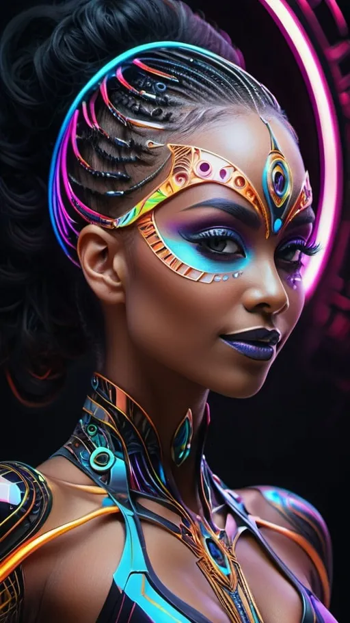 Prompt: (((🏝,💋,🔮,🍑,🌋 ))) a colorful glowing post-modern ornamental plasma prowler, sleek lines and intricate patterns intertwine to create a sense of futuristic gothic elegance. The main subject of the image is a stunningly gorgeous colorful woman dancer with intricately detailed eyes and a perfect body in every way, smiling. This detailed description is depicted in a high-quality photograph, highlighting the intricate details and ethereal atmosphere. The image captures the essence of modern technology and artistry, blending seamlessly in a visually stunning composition that captivates the viewer's imagination. Art By Phil Robinson 