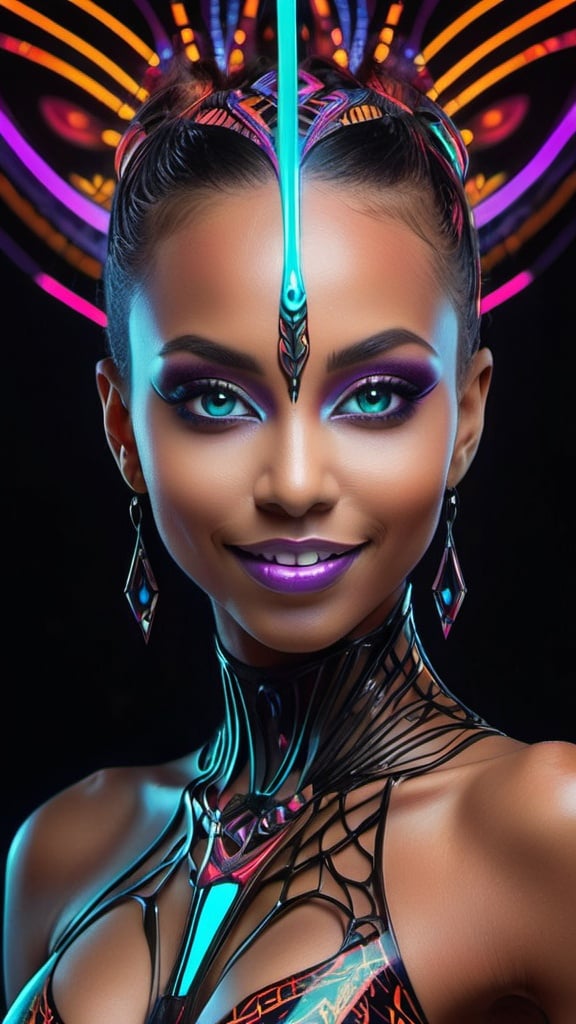 Prompt: (((🏝,💋,🔮,🍑,🌋 ))) a colorful glowing post-modern ornamental plasma prowler, sleek lines and intricate patterns intertwine to create a sense of futuristic gothic elegance. The main subject of the image is a stunningly gorgeous colorful woman dancer with intricately detailed eyes and a perfect body in every way, smiling. This detailed description is depicted in a high-quality photograph, highlighting the intricate details and ethereal atmosphere. The image captures the essence of modern technology and artistry, blending seamlessly in a visually stunning composition that captivates the viewer's imagination. Art By Phil Robinson 