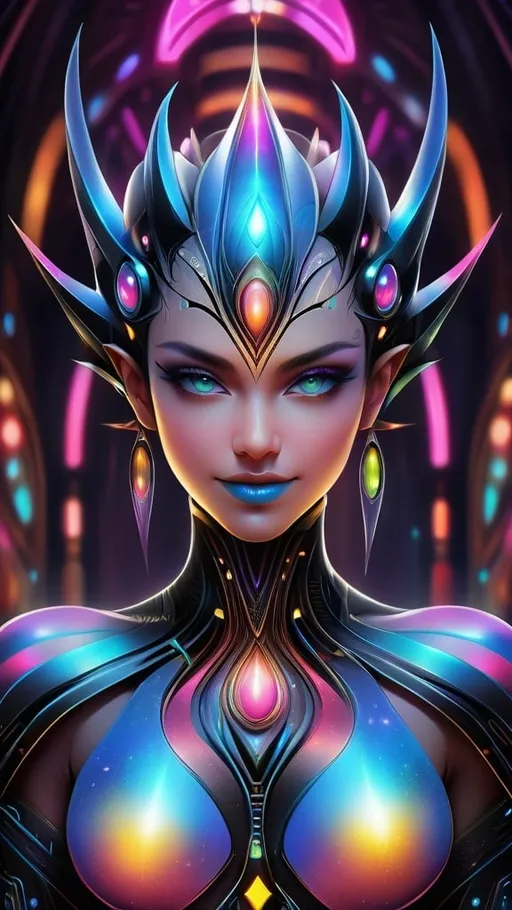 Prompt: (((🏝,💋,🔮,🍑,🌋 ))) a colorful glowing post-modern ornamental plasma prowler, sleek lines and intricate patterns intertwine to create a sense of futuristic gothic elegance. The main subject of the image is a stunningly gorgeous colorful woman dancer with intricately detailed eyes and a perfect body in every way, smiling. This detailed description is depicted in a high-quality photograph, highlighting the intricate details and ethereal atmosphere. The image captures the essence of modern technology and artistry, blending seamlessly in a visually stunning composition that captivates the viewer's imagination. Art By Phil Robinson 