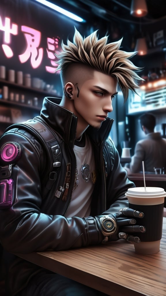 Prompt: Anime cyberpunk style, man in coffee shop, highly detailed, HD, dark background