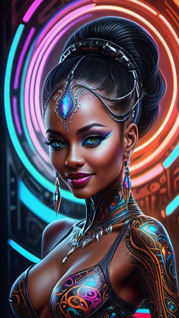 Prompt: (((🏝,💋,🔮,🍑,🌋 ))) a colorful glowing post-modern ornamental plasma prowler, sleek lines and intricate patterns intertwine to create a sense of futuristic gothic elegance. The main subject of the image is a stunningly gorgeous colorful woman dancer with intricately detailed eyes and a perfect body in every way, smiling. This detailed description is depicted in a high-quality photograph, highlighting the intricate details and ethereal atmosphere. The image captures the essence of modern technology and artistry, blending seamlessly in a visually stunning composition that captivates the viewer's imagination. Art By Phil Robinson 