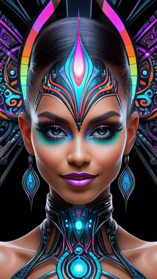 Prompt: (((🏝,💋,🔮,🍑,🌋 ))) a colorful glowing post-modern ornamental plasma prowler, sleek lines and intricate patterns intertwine to create a sense of futuristic gothic elegance. The main subject of the image is a stunningly gorgeous colorful woman dancer with intricately detailed eyes and a perfect body in every way, smiling. This detailed description is depicted in a high-quality photograph, highlighting the intricate details and ethereal atmosphere. The image captures the essence of modern technology and artistry, blending seamlessly in a visually stunning composition that captivates the viewer's imagination. Art By Phil Robinson 