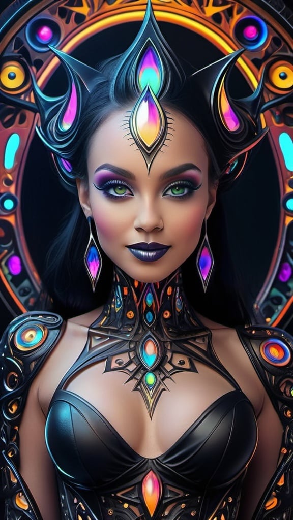 Prompt: (((🏝,💋,🔮,🍑,🌋 ))) a colorful glowing post-modern ornamental plasma prowler, sleek lines and intricate patterns intertwine to create a sense of futuristic gothic elegance. The main subject of the image is a stunningly gorgeous colorful gothic goddess with intricately detailed eyes and a perfect body in every way, smiling. This detailed description is depicted in a high-quality photograph, highlighting the intricate details and ethereal atmosphere. The image captures the essence of modern technology and artistry, blending seamlessly in a visually stunning composition that captivates the viewer's imagination. Art By Phil Robinson 