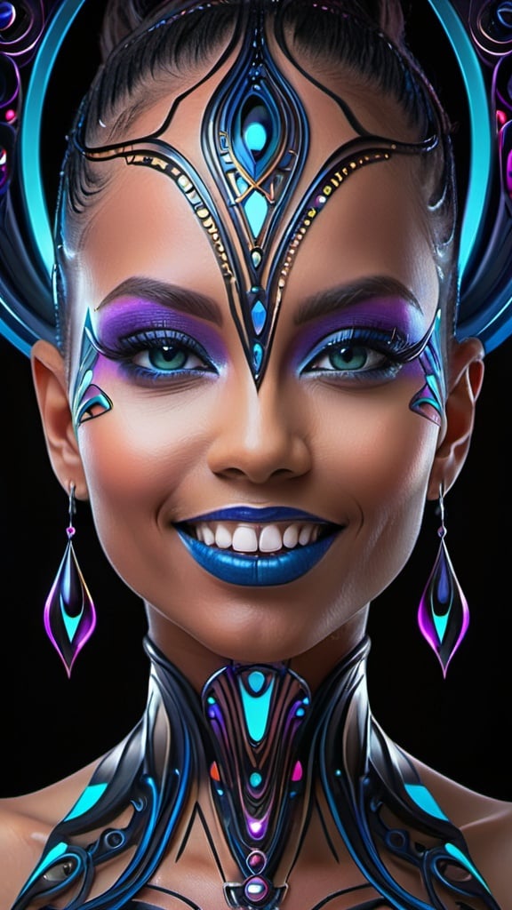 Prompt: (((🏝,💋,🔮,🍑,🌋 ))) a colorful glowing post-modern ornamental plasma prowler, sleek lines and intricate patterns intertwine to create a sense of futuristic gothic elegance. The main subject of the image is a stunningly gorgeous colorful woman dancer with intricately detailed eyes and a perfect body in every way, smiling. This detailed description is depicted in a high-quality photograph, highlighting the intricate details and ethereal atmosphere. The image captures the essence of modern technology and artistry, blending seamlessly in a visually stunning composition that captivates the viewer's imagination. Art By Phil Robinson 