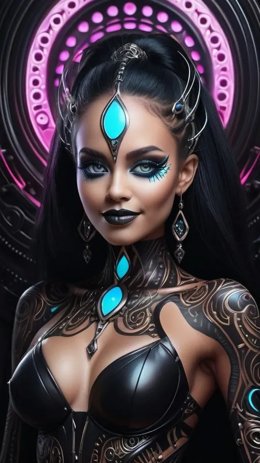 Prompt: (((🏝,💋,🔮,🍑,🌋 ))) a colorful glowing post-modern ornamental plasma prowler, sleek lines and intricate patterns intertwine to create a sense of futuristic gothic elegance. The main subject of the image is a stunningly gorgeous colorful gothic goddess with intricately detailed eyes and a perfect body in every way, smiling. This detailed description is depicted in a high-quality photograph, highlighting the intricate details and ethereal atmosphere. The image captures the essence of modern technology and artistry, blending seamlessly in a visually stunning composition that captivates the viewer's imagination. Art By Phil Robinson 