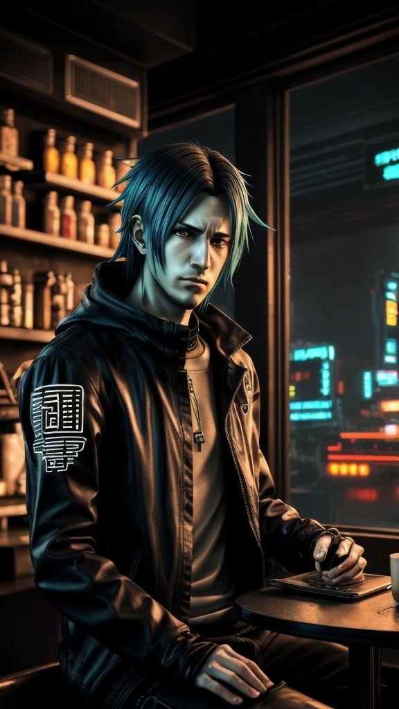 Prompt: Anime cyberpunk style, man in coffee shop, highly detailed, HD, dark background