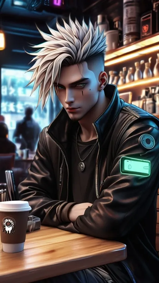 Prompt: Anime cyberpunk style, man in coffee shop, highly detailed, HD, dark background