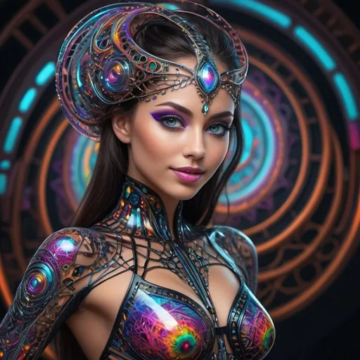 Prompt: (((🏝,💋,🔮,🍑,🌋 ))) a colorful glowing post-modern ornamental plasma prowler, sleek lines and intricate patterns intertwine to create a sense of futuristic gothic elegance. The main subject of the image is a stunningly gorgeous colorful woman dancer with intricately detailed eyes and a perfect body in every way, smiling. This detailed description is depicted in a high-quality photograph, highlighting the intricate details and ethereal atmosphere. The image captures the essence of modern technology and artistry, blending seamlessly in a visually stunning composition that captivates the viewer's imagination. Art By Phil Robinson 