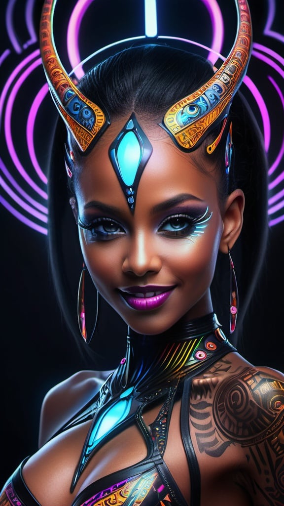 Prompt: (((🏝,💋,🔮,🍑,🌋 ))) a colorful glowing post-modern ornamental plasma prowler, sleek lines and intricate patterns intertwine to create a sense of futuristic gothic elegance. The main subject of the image is a stunningly gorgeous colorful woman dancer with intricately detailed eyes and a perfect body in every way, smiling. This detailed description is depicted in a high-quality photograph, highlighting the intricate details and ethereal atmosphere. The image captures the essence of modern technology and artistry, blending seamlessly in a visually stunning composition that captivates the viewer's imagination. Art By Phil Robinson 