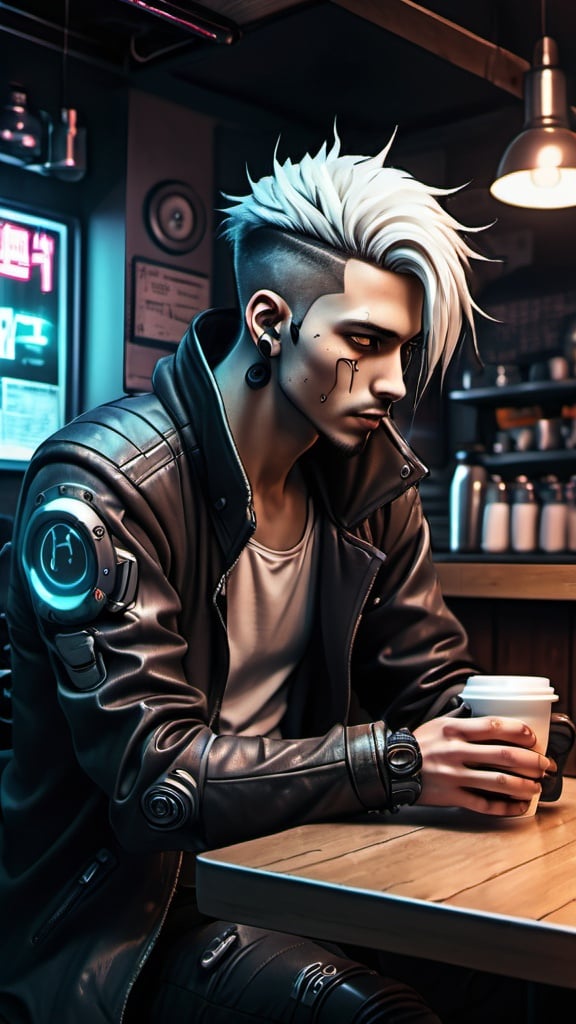 Prompt: Anime cyberpunk style, man in coffee shop, highly detailed, HD, dark background