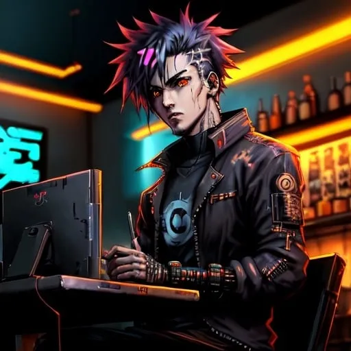 Prompt: Anime cyberpunk style, man in coffee shop, highly detailed, HD, dark background