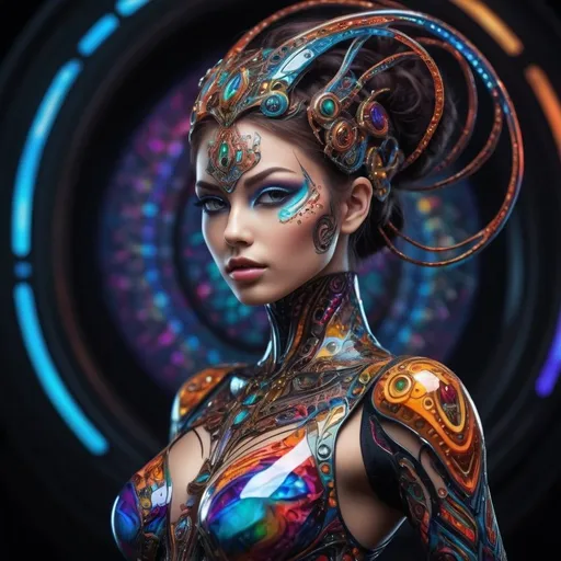 Prompt: (((🏝,💋,🔮,🍑,🌋 ))) a colorful glowing post-modern ornamental plasma prowler, sleek lines and intricate patterns intertwine to create a sense of futuristic gothic elegance. The main subject of the image is a stunningly gorgeous colorful woman dancer with intricately detailed eyes and a perfect body in every way, smiling. This detailed description is depicted in a high-quality photograph, highlighting the intricate details and ethereal atmosphere. The image captures the essence of modern technology and artistry, blending seamlessly in a visually stunning composition that captivates the viewer's imagination. Art By Phil Robinson at Supersquirrelstudios.com