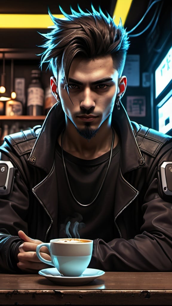 Prompt: Anime cyberpunk style, man in coffee shop, highly detailed, HD, dark background