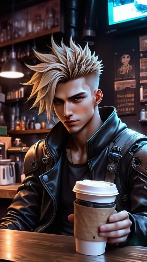 Prompt: Anime cyberpunk style, man in coffee shop, highly detailed, HD, dark background