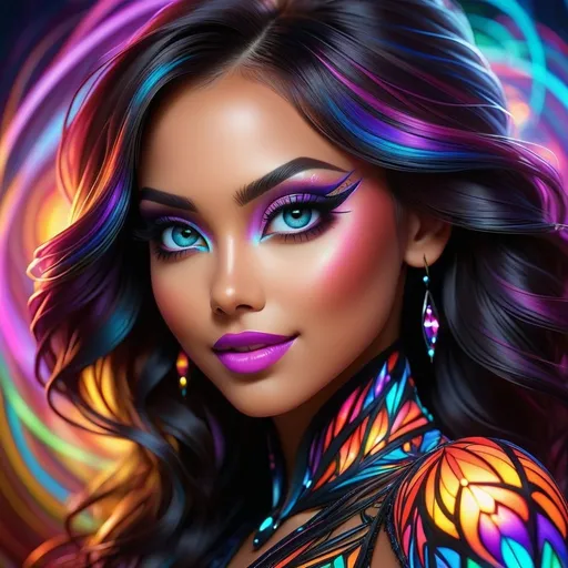 Prompt: (((🏝,💋,🔮,🍑,🌋 ))) a colorful glowing post-modern ornamental plasma prowler, sleek lines and intricate patterns intertwine to create a sense of futuristic gothic elegance. The main subject of the image is a stunningly gorgeous colorful woman dancer with intricately detailed eyes and a perfect body in every way, smiling. This detailed description is depicted in a high-quality photograph, highlighting the intricate details and ethereal atmosphere. The image captures the essence of modern technology and artistry, blending seamlessly in a visually stunning composition that captivates the viewer's imagination. Art By Phil Robinson 