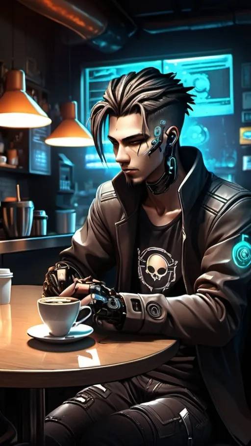 Prompt: Anime cyberpunk style, man in coffee shop, highly detailed, HD, dark background