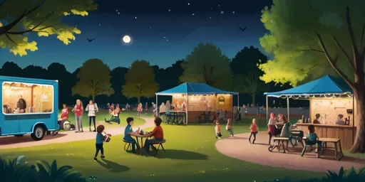 Prompt: A country park at night with facilities that children play and laugh on. On the side of the small picture there is a coffee cart next to which someone is playing the guitar and the crowd is happy and drinking beer