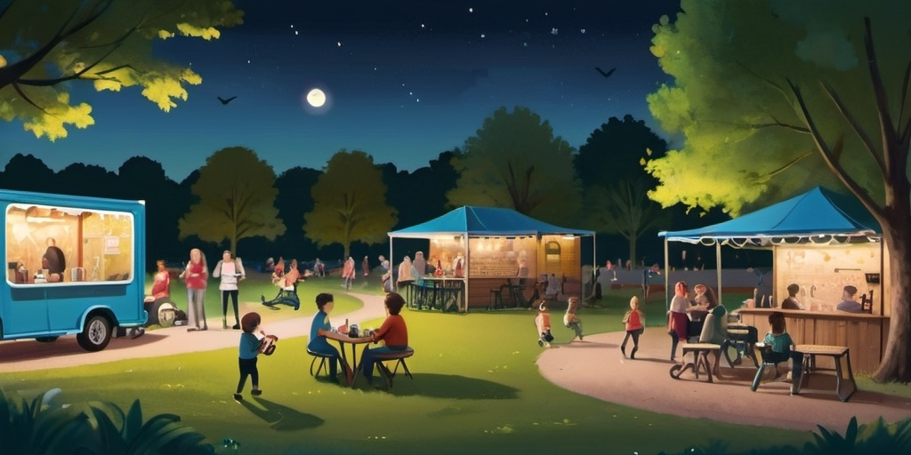 Prompt: A country park at night with facilities that children play and laugh on. On the side of the small picture there is a coffee cart next to which someone is playing the guitar and the crowd is happy and drinking beer