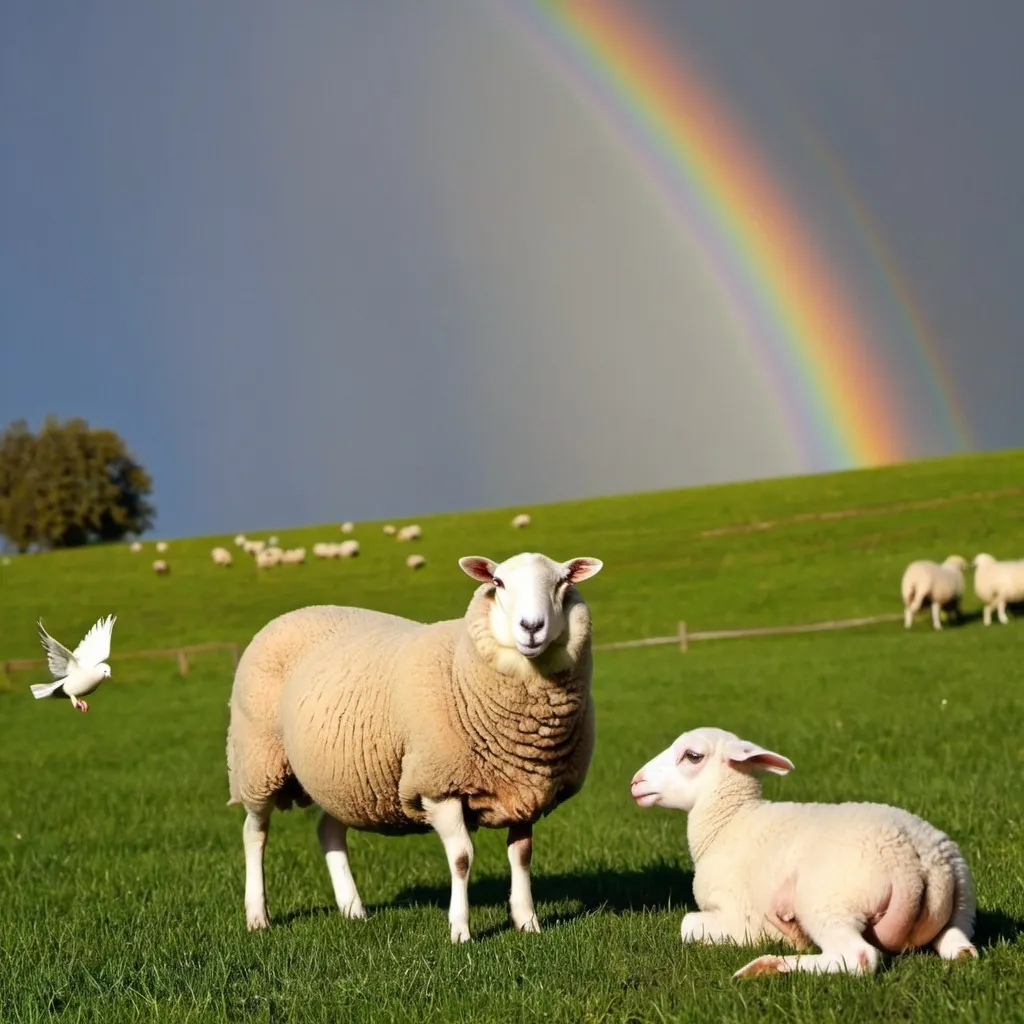 Prompt: Sheep in the pasture. A dove sitting on the sheep. A rainbow also.