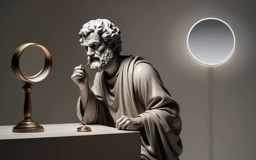 Prompt: Democritus with a magnify glass, detailed but simplistic, visually appealing