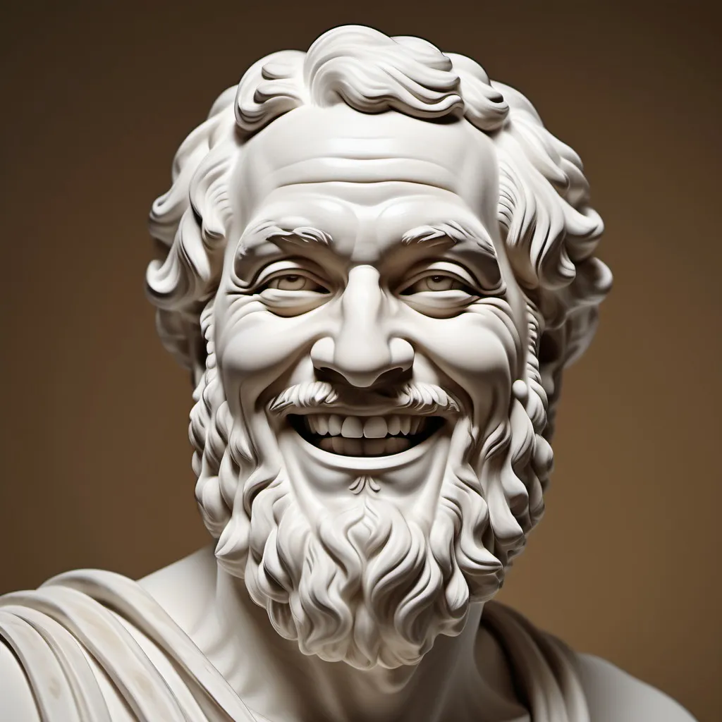 Prompt: Democritus laughing cheerfully, detailed but simplistic, visually appealing