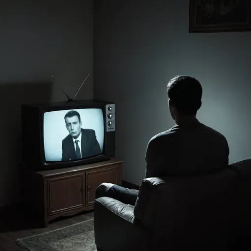 Prompt: a man is watching a television, i hope his head not at that television, make it at a dark place and bright

