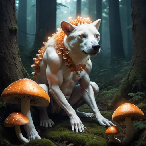 Prompt: A mystical creature half human half animal living in a hidden fórest, surrounded by glowing mushrooms