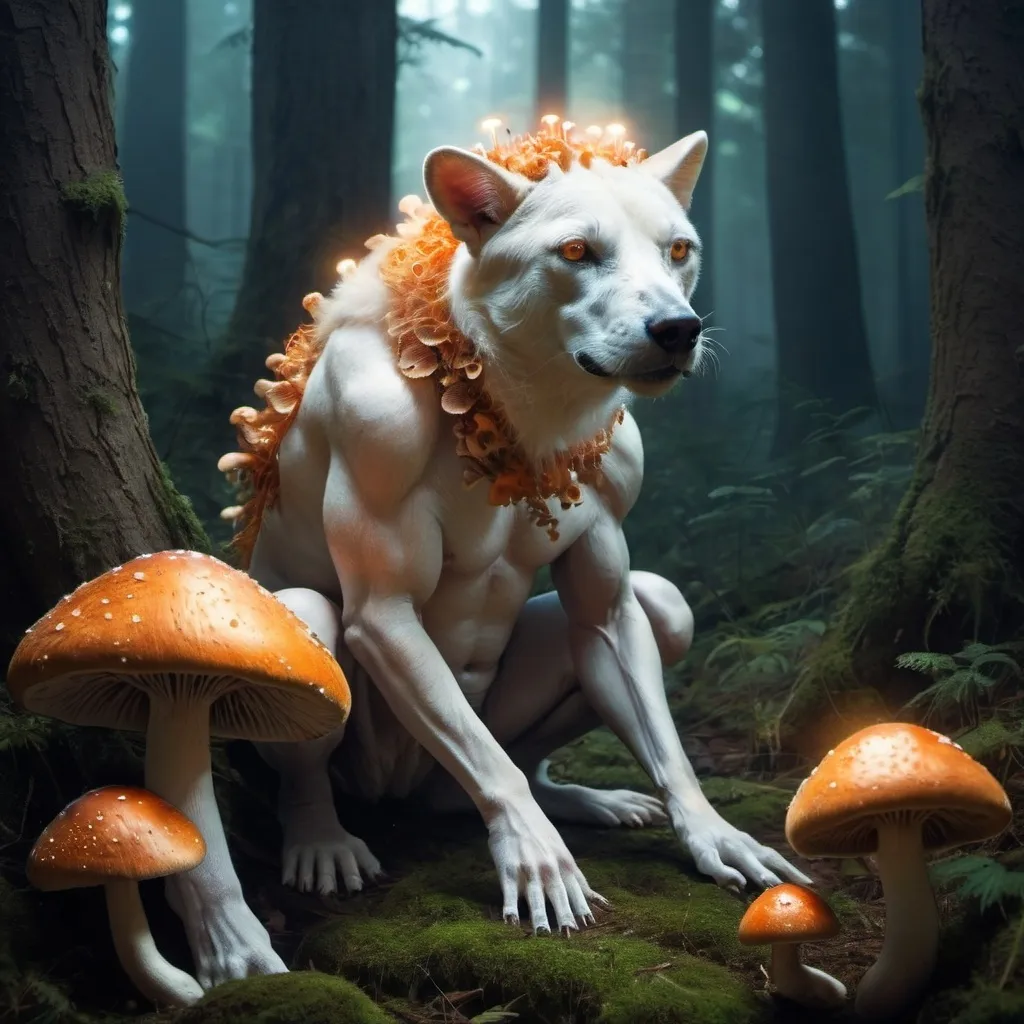 Prompt: A mystical creature half human half animal living in a hidden fórest, surrounded by glowing mushrooms