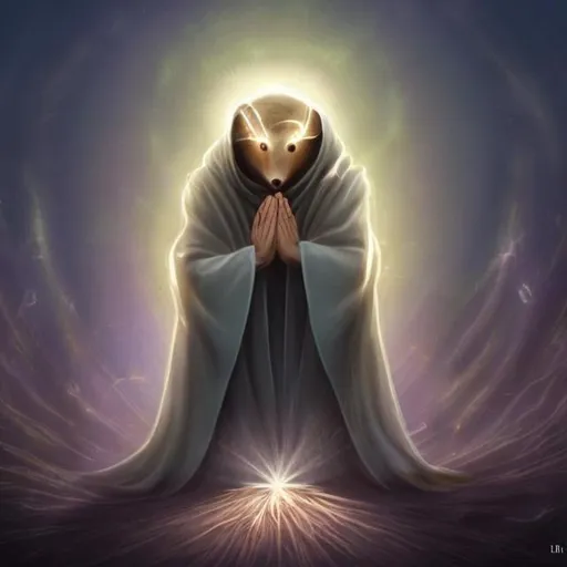 Prompt: A burrowing mole in robes with a glowing halo hands joined in prayer head bowed beams of light shining from heaven