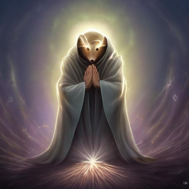 Prompt: A burrowing mole in robes with a glowing halo hands joined in prayer head bowed beams of light shining from heaven