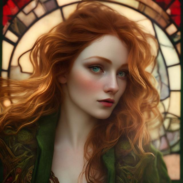 Prompt: photo by mucha, sharp focus, elegant, render, octane, full length, detailed, soulful, red-headed woman, bright green eyes, fit, supermodel, young, gorgeous, award winning photography, masterpiece, rim lit