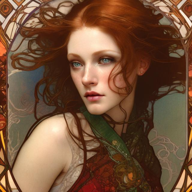 Prompt: photo by mucha, sharp focus, elegant, render, octane, full length, detailed, soulful, red-headed woman, bright green eyes, fit, supermodel, young, gorgeous, award winning photography, masterpiece, rim lit