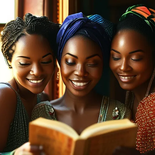 Prompt: photorealistic, (beautiful group of black women), vibrant color scheme, lush setting, immersed in reading, expressions of curiosity and joy, sunlight streaming through, warm atmosphere, detailed books, intricate surroundings, floral elements, high participation in activity, friendly interactions, cozy and inspiring environment, inviting and pleasant mood, ultra-detailed, 4K resolution.