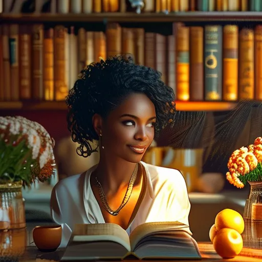 Prompt: photorealistic, (beautiful black woman), vibrant color scheme, lush setting, immersed in writing, expressions of curiosity and joy, sunlight streaming through, warm atmosphere, detailed books, intricate surroundings, floral elements, high participation in activity, drinking tea or coffee, cozy and inspiring environment, inviting and pleasant mood, ultra-detailed, 4K resolution.