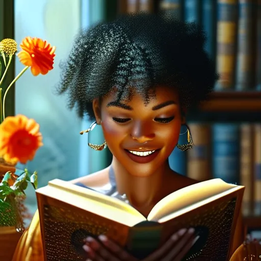 Prompt: photorealistic, (beautiful black woman), vibrant color scheme, lush setting, immersed in reading, expressions of curiosity and joy, sunlight streaming through, warm atmosphere, detailed books, intricate surroundings, floral elements, high participation in activity, friendly interactions, cozy and inspiring environment, inviting and pleasant mood, ultra-detailed, 4K resolution.