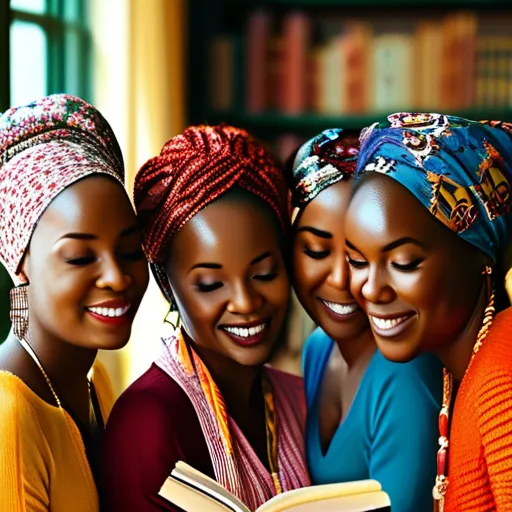 Prompt: photorealistic, (beautiful group of black women), vibrant color scheme, lush setting, immersed in reading, expressions of curiosity and joy, sunlight streaming through, warm atmosphere, detailed books, intricate surroundings, floral elements, high participation in activity, friendly interactions, cozy and inspiring environment, inviting and pleasant mood, ultra-detailed, 4K resolution.