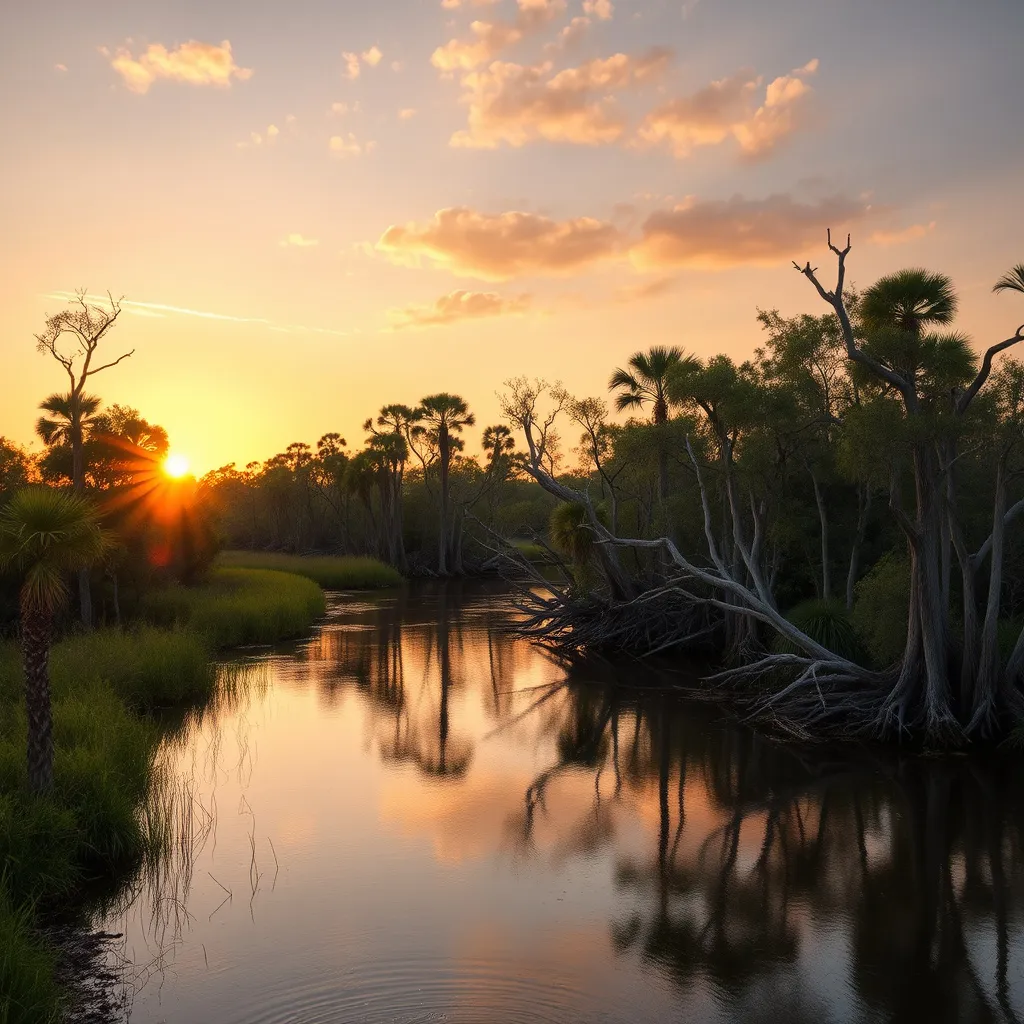 Prompt: Spring fed river in Florida with cypress trees at sunset
