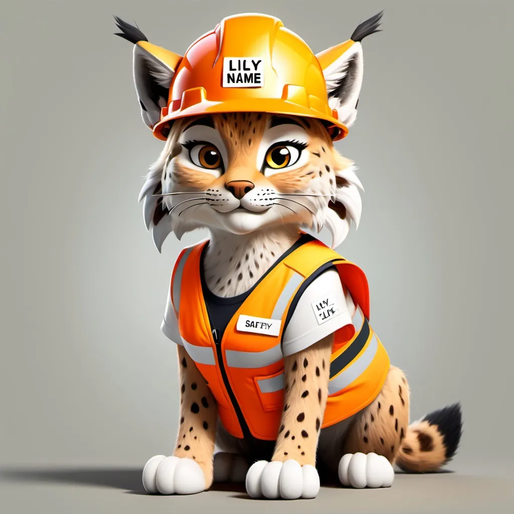 Prompt: a cartoon female lynx wearing a safety vest and hard hat and a name tag with Lily