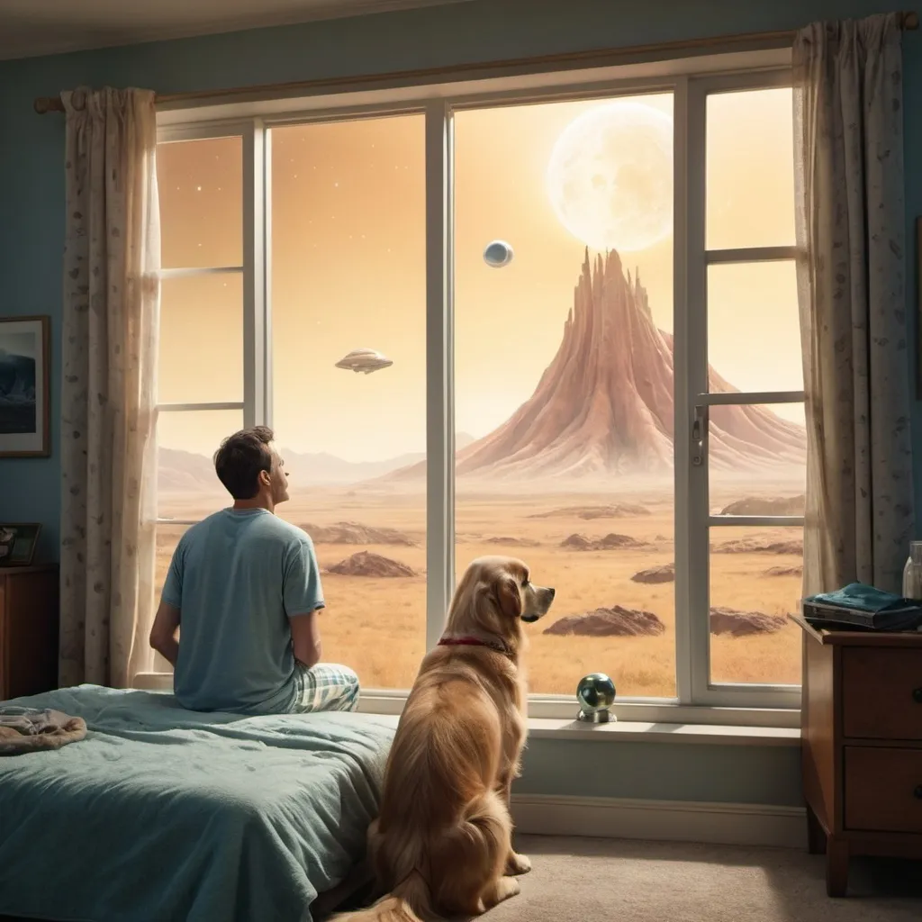 Prompt: a man in his pjs looks out of the window to an alien landscape and next to him is a golden retriever