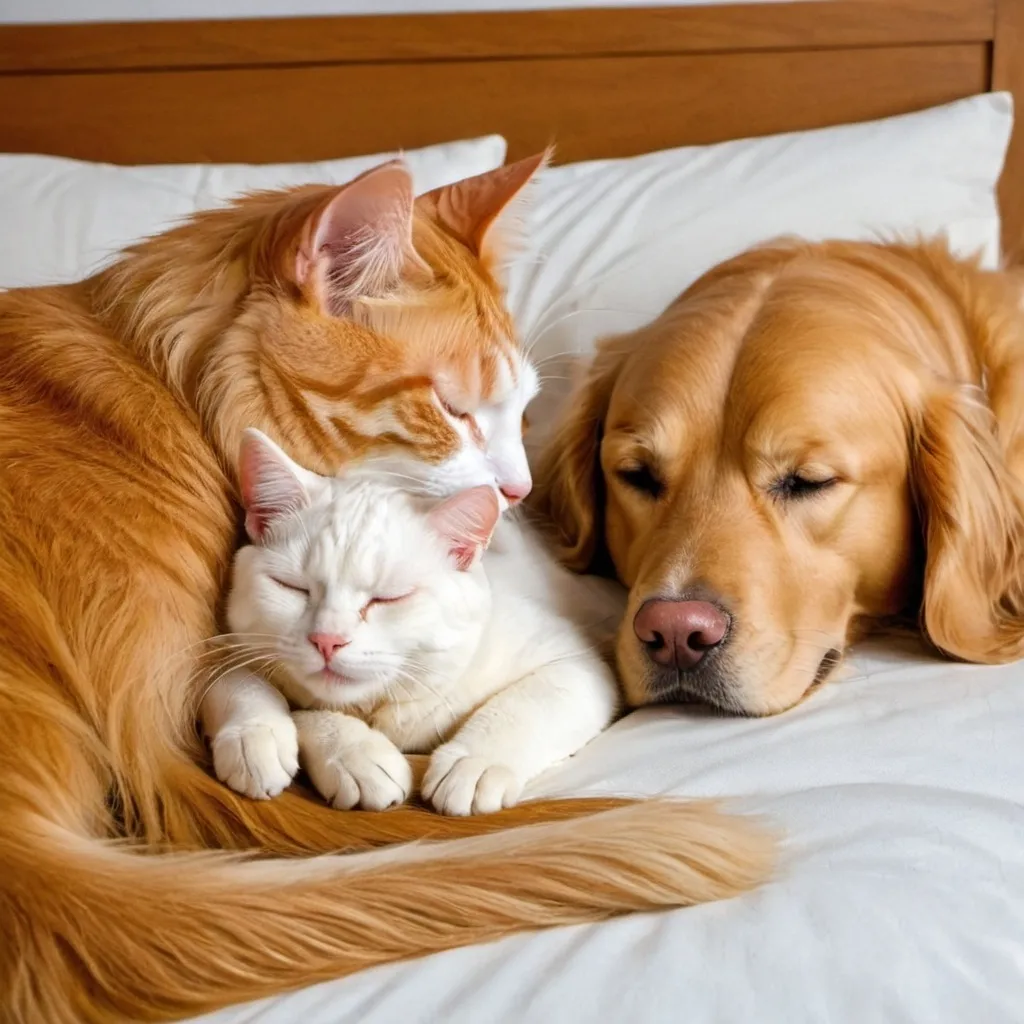 Prompt: A ginger cat & a white cat with a ginger patch are sleeping next to a  a Golden Retriever
