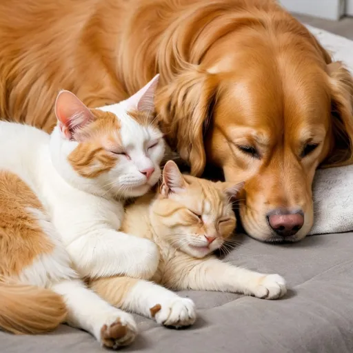 Prompt: A ginger cat & a white cat with a ginger patch is sleeping next to a Golden Retriever