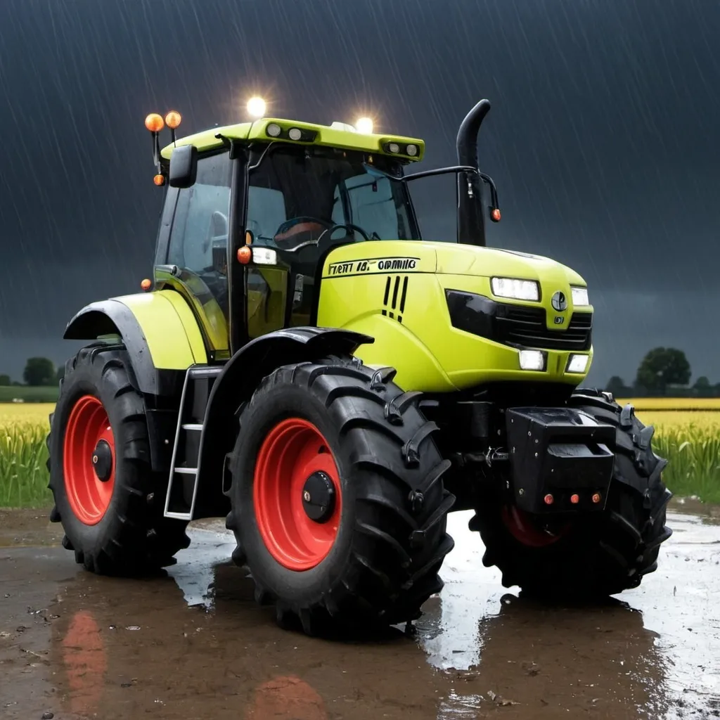 Prompt: Create traktor MC cormic d217with lights and rain