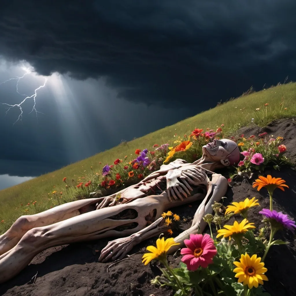 Prompt: A decaying dead human body lying on a hill with beautiful, brightly colored flowers growing from it, under a dark sky with black storm clouds through which solitary rays of sunlight break through.