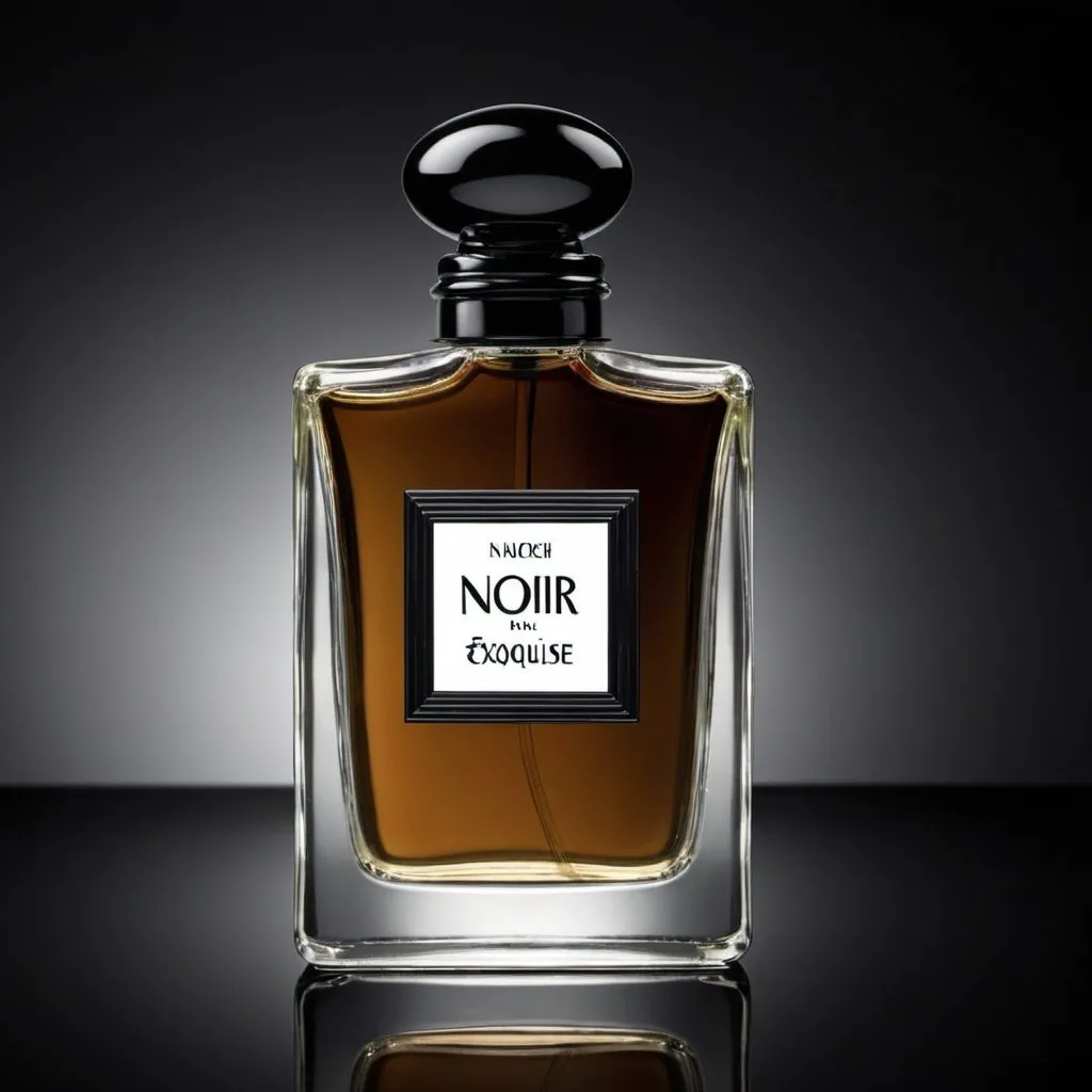 Prompt: a cologne bottle that is named noir exquise in a advertising for the rich . 