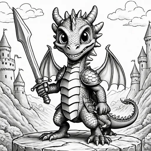 Prompt: "Create a detailed coloring page of a male cartoon dragon with large, expressive eyes and a confident expression. The dragon is wearing chainmail armor and holding a halberd in a ready-to-fight stance. The background should be a castle wall, but focusing primarily on the dragon character."