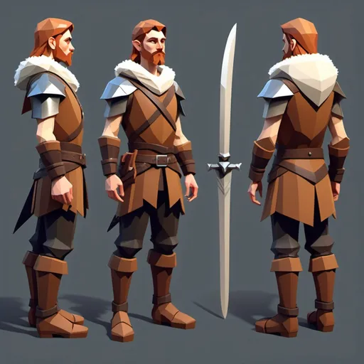 Prompt: Produce a stylized image of a low-poly, full-length fantasy game character. The character is a human male with features indicative of Scandinavian heritage. His outfit and accessories should align with a high fantasy setting, thus including elements such as a leather tunic, fur boots, and a longsword. The rendering should emphasize geometrically simplistic shapes that form a cohesive and visually appealing design.