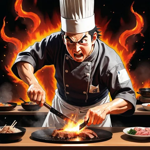 Prompt: High-quality manga illustration of a hibachi chef performing dramatic knife and spatula tricks, detailed chef uniform, cooking on teppan yaki table, steaks, rice and seafood on table, onion volcano spewing fire
 dynamic poses, intense action, vibrant colors, manga style, dramatic lighting, professional artwork, detailed hands, dynamic composition, action-packed, traditional Japanese art, intense flames, manga action like naruto style, dragon ball z style

