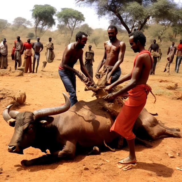 Prompt: Ethiopians slaughtering a bull